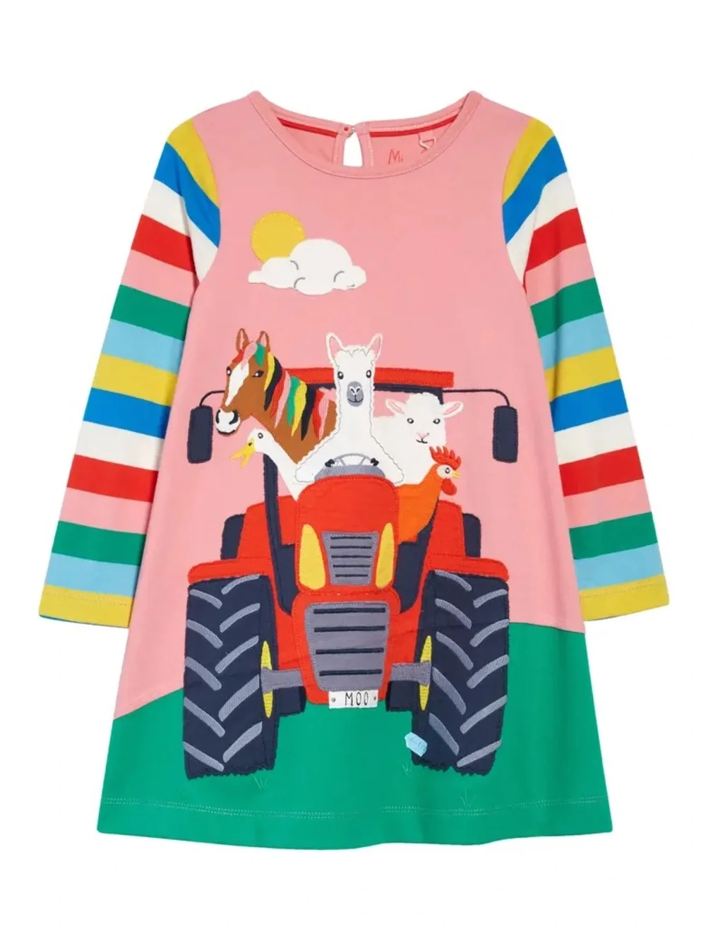 Mini Boden Girls Size 5-6 Farm Tractor Appliqué Dress Rainbow Long Sleeve